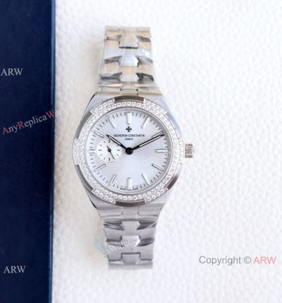 Swiss Grade 1 Vacheron Constantin Women 37mm Overseas Watch Silver Dial Diamond Bezel 